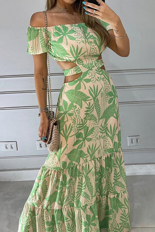 Vestidos de falda pastel con hombros descubiertos y abertura en la parte superior con estampado de moda (4 colores)