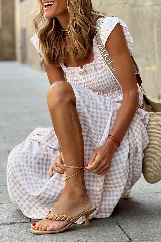 Vestidos de moda con falda pastel y cuello cuadrado de patchwork a cuadros