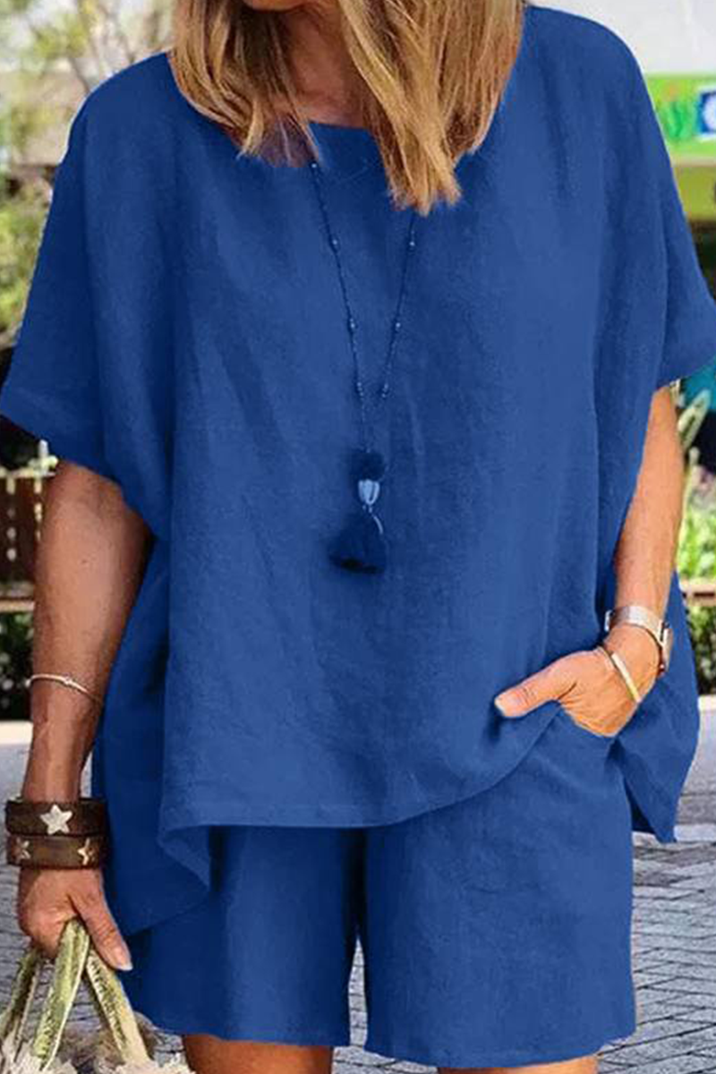 Conjunto informal de dos piezas con cuello redondo, manga corta y abertura en el pecho (9 colores)