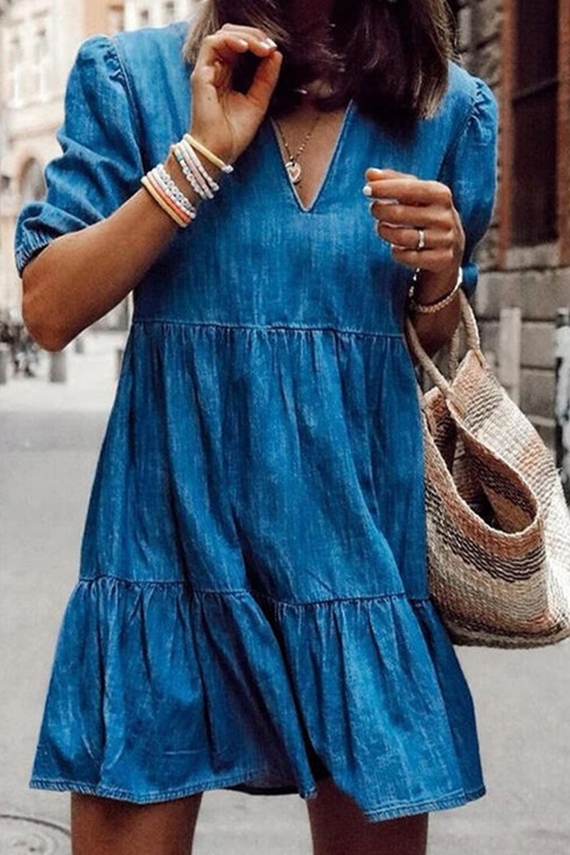 Vestidos casuales de falda pastel con cuello en V y patchwork liso