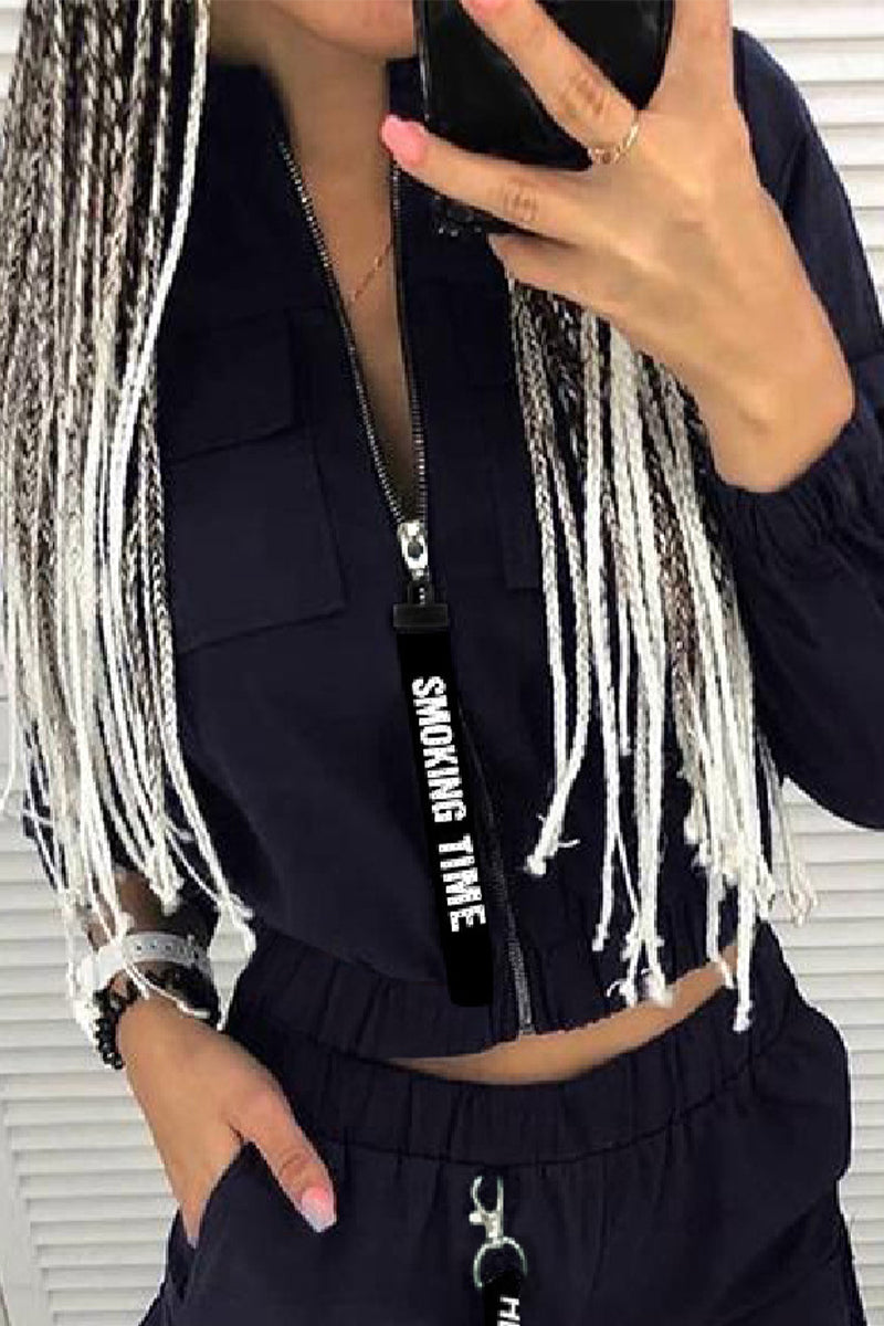 Conjunto informal de dos piezas con cuello mandarín y cremallera lisa (3 colores)