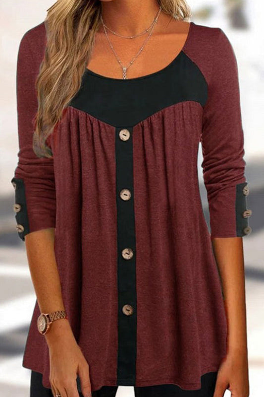 Tops casuales de cuello redondo con contraste de patchwork para uso diario (3 colores)