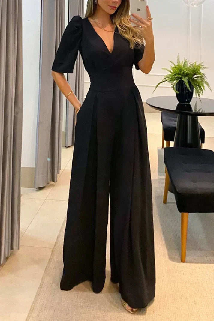Women's Elegant Wide-Leg V-Neck Jumpsuit with Puffed Short Sleeves | Ideal for Spring/Summer