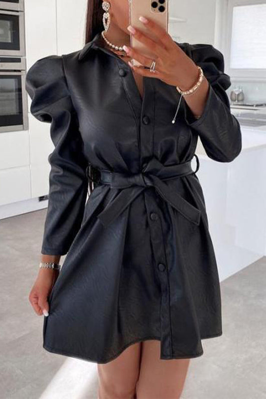 Vestidos estilo británico de corte A con cuello vuelto, hebilla de frenillo sólido