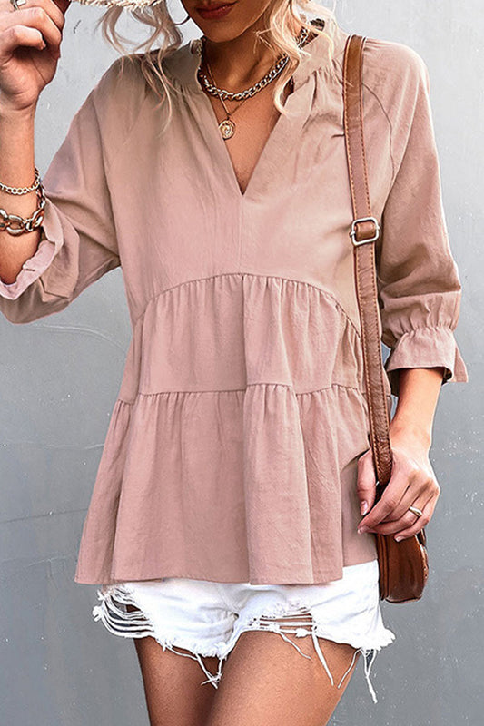 Blusa informal de manga larga con cuello en V, volantes y pliegues (5 colores)