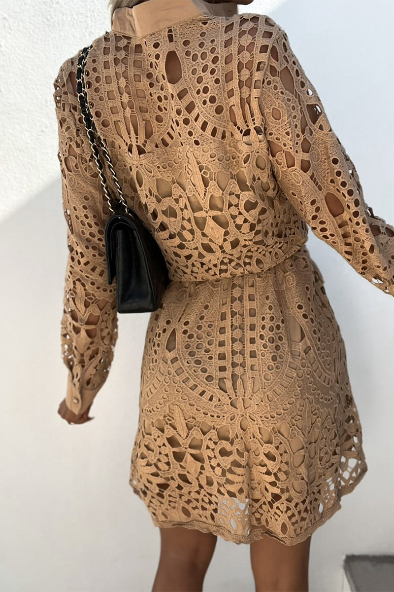Sexy Elegant Solid Hollowed Out Turndown Collar A Line Dresses(3 Colors)