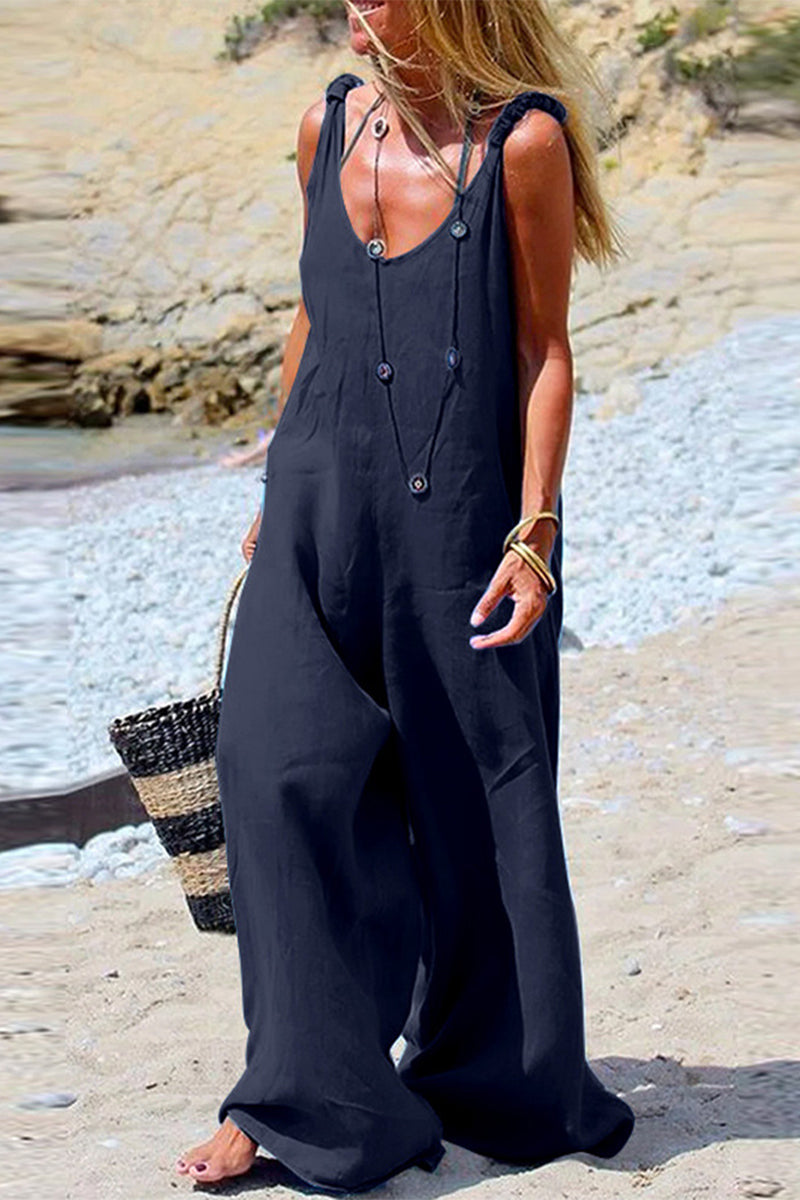 Monos casuales holgados con cuello en V y parches sólidos (3 colores)