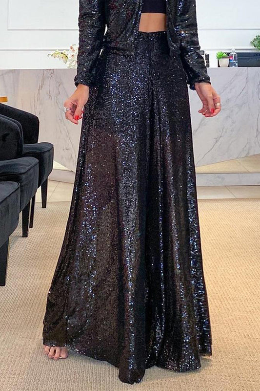 Pantalones casuales de lentejuelas lisas, sueltos, de cintura media y pierna ancha, de color liso (2 colores)