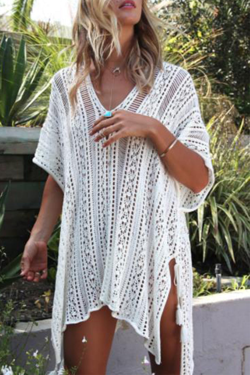 Traje de baño informal de vacaciones con estampado sólido y ahuecado