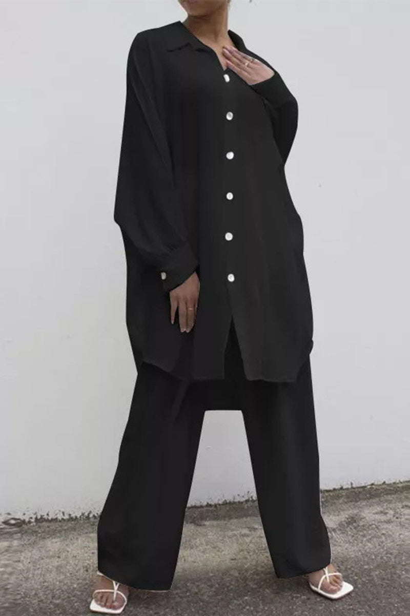 Casual Solid Buckle Turndown Collar Long Sleeve Two Pieces