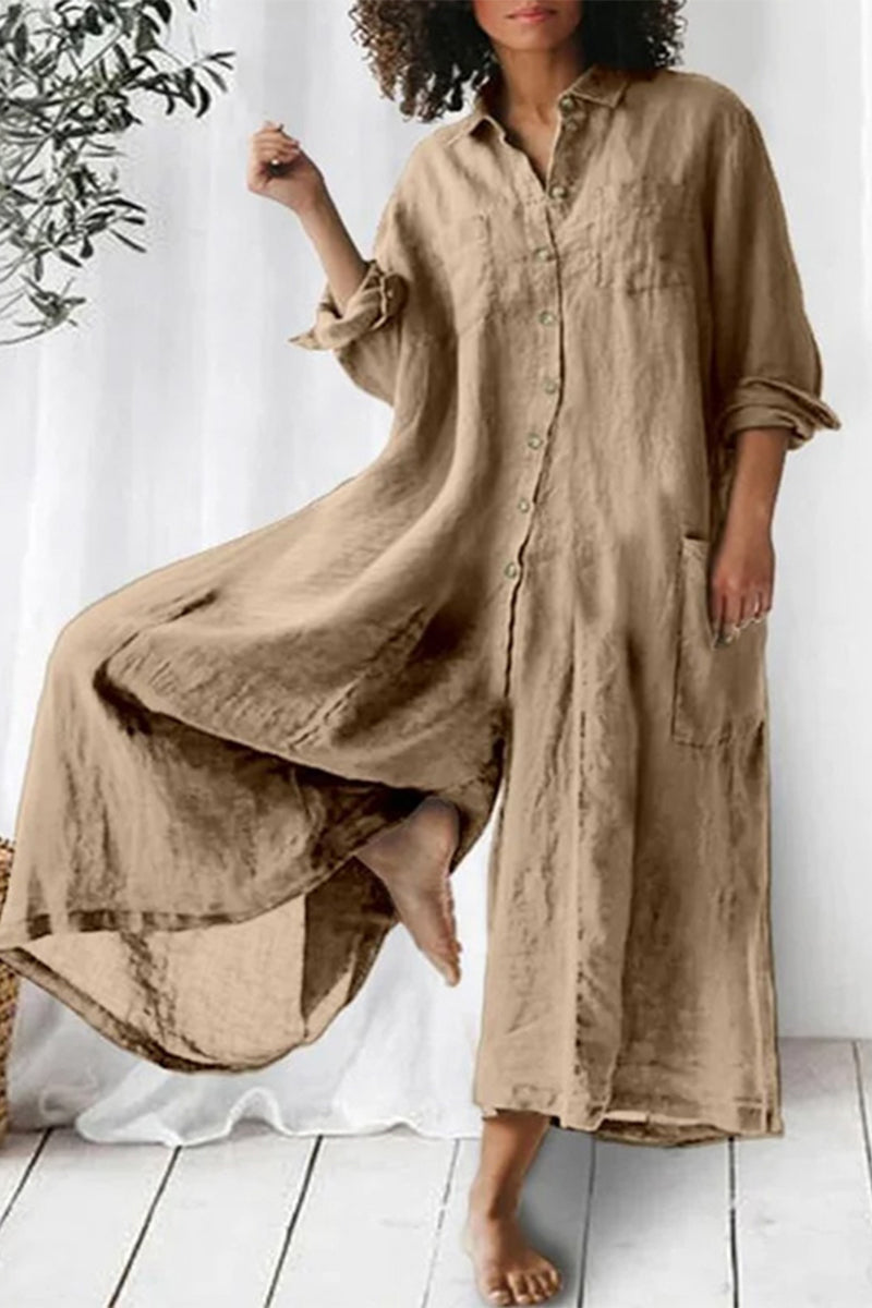 Mono informal de vacaciones con bolsillos sólidos, botones y cuello vuelto, holgado