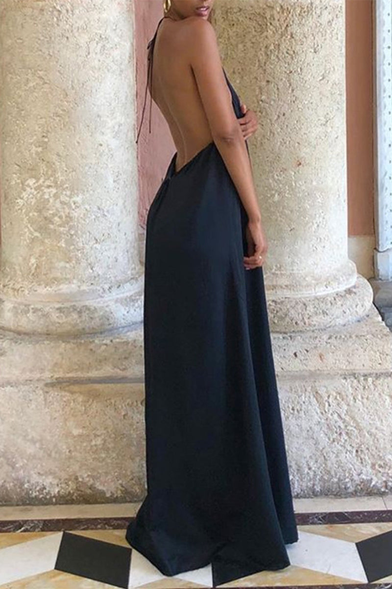 Vestido de noche asimétrico, elegante y sexy con escote halter, espalda descubierta y frenillo liso.