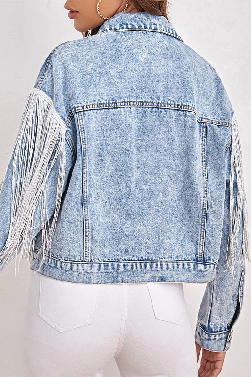 Chaqueta vaquera informal holgada de manga larga con cuello vuelto y borlas lisas de patchwork