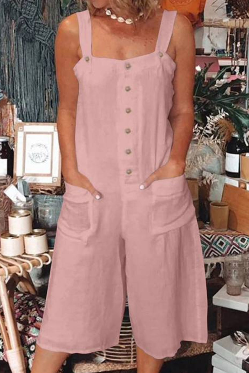 Mono holgado informal de diario con botones y bolsillos lisos y cuello cuadrado