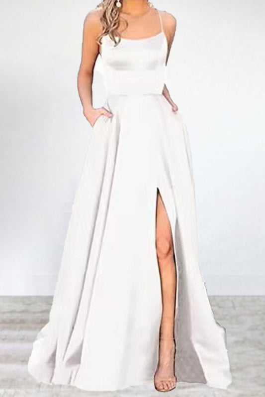 Vestido de noche sexy, formal, liso, con abertura alta y escote en U (16 colores)