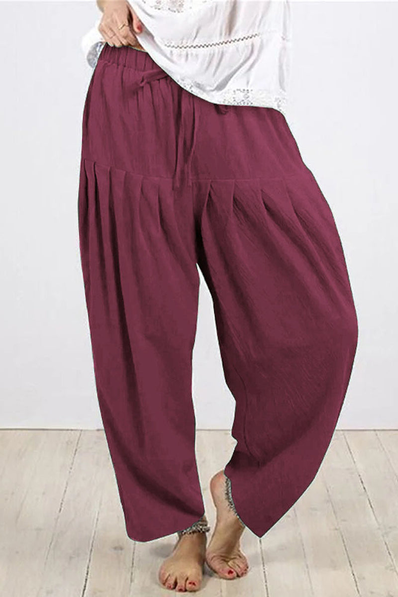 Casual Solid Frenulum Fold Loose High Waist Harlan Solid Color Bottoms(10 Colors)