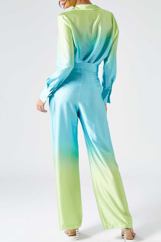 Conjunto casual de dos piezas con cuello vuelto, manga larga y contraste de cambio gradual