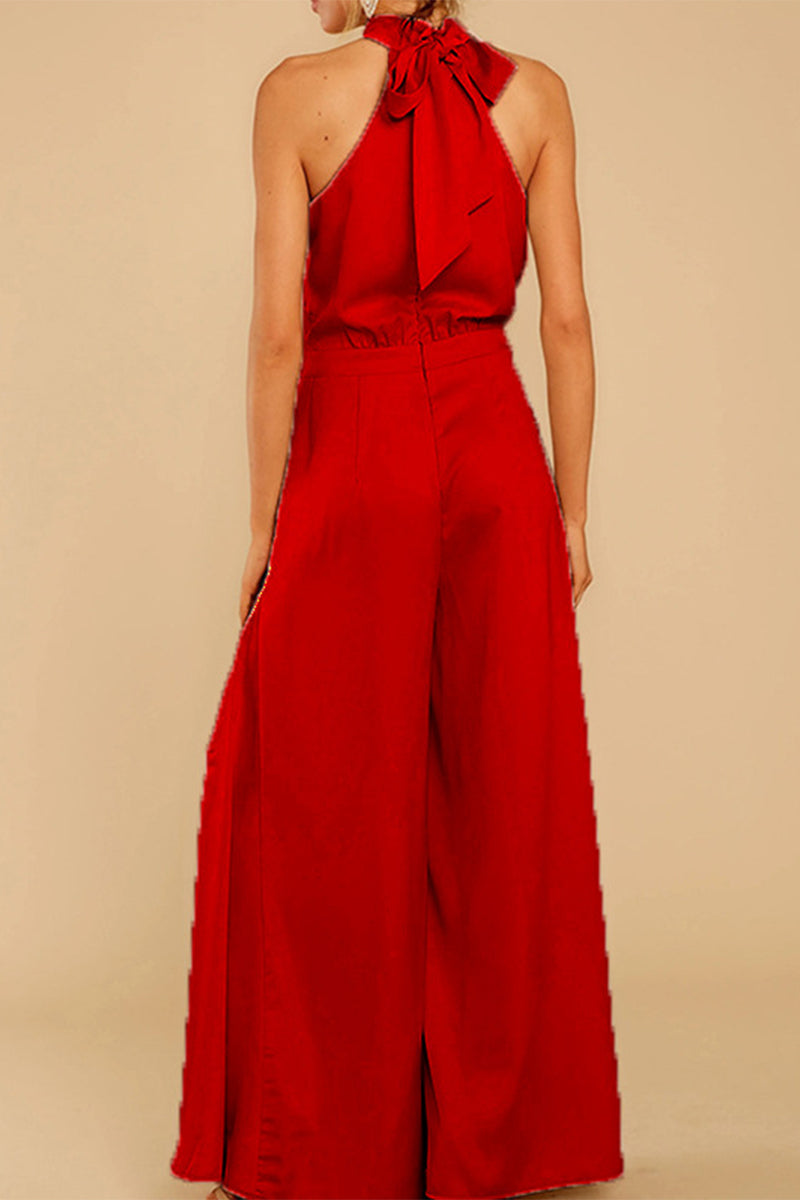 Mono holgado informal de moda con cuello halter y parches lisos (5 colores)