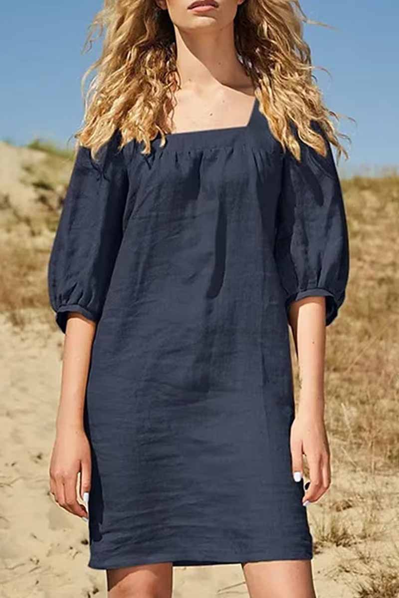 Vestidos casuales de falda de un solo paso con cuello cuadrado y patchwork sólido