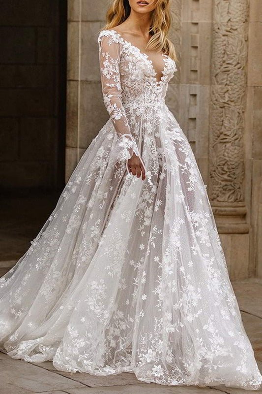 Vestido de noche formal de encaje liso con patchwork y escote en V