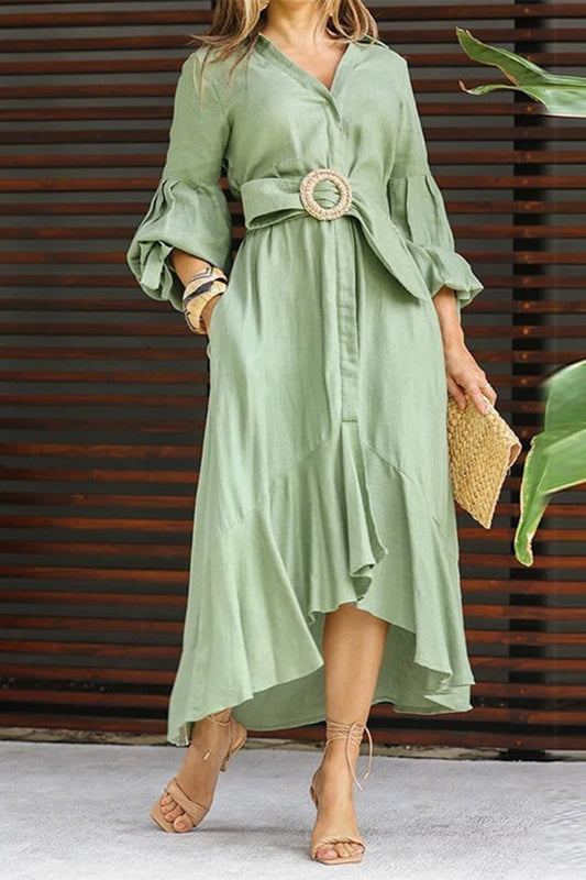 Street Solid With Belt V Neck A Line Dresses(6 Colors)
