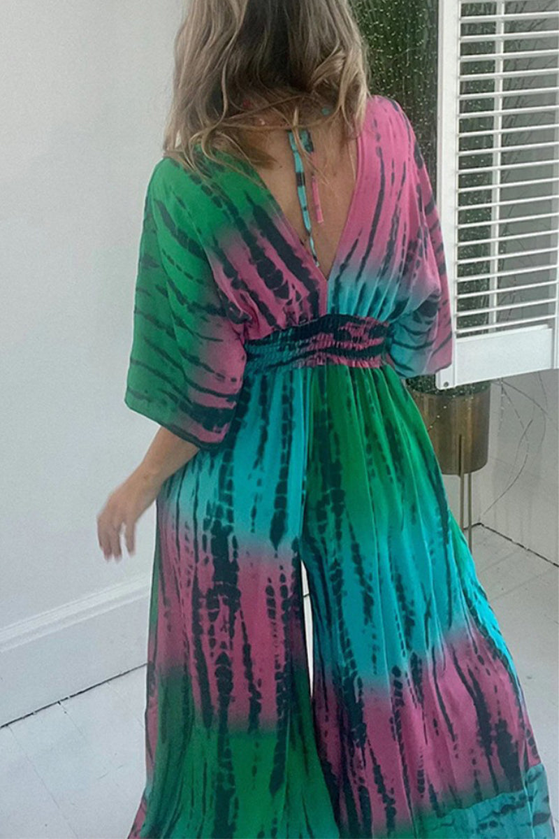 Mono holgado informal con cuello en V y bolsillo con estampado