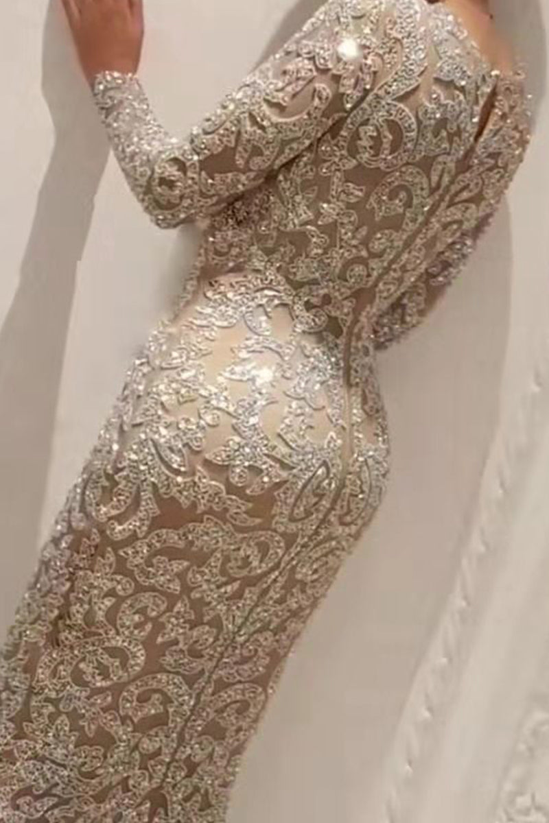 Elegante vestido de noche con cuello redondo y patchwork color bronce