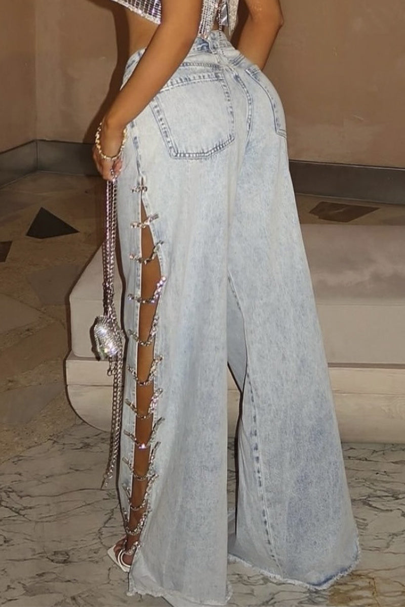 Vaqueros holgados de cintura alta con diamantes de imitación sólidos y ropa deportiva sexy