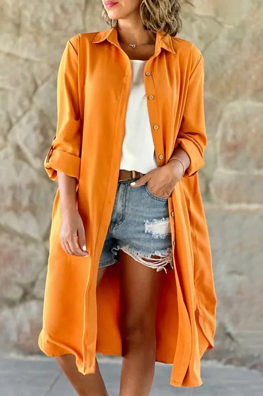 Casual Solid Buttons Turndown Collar Tops