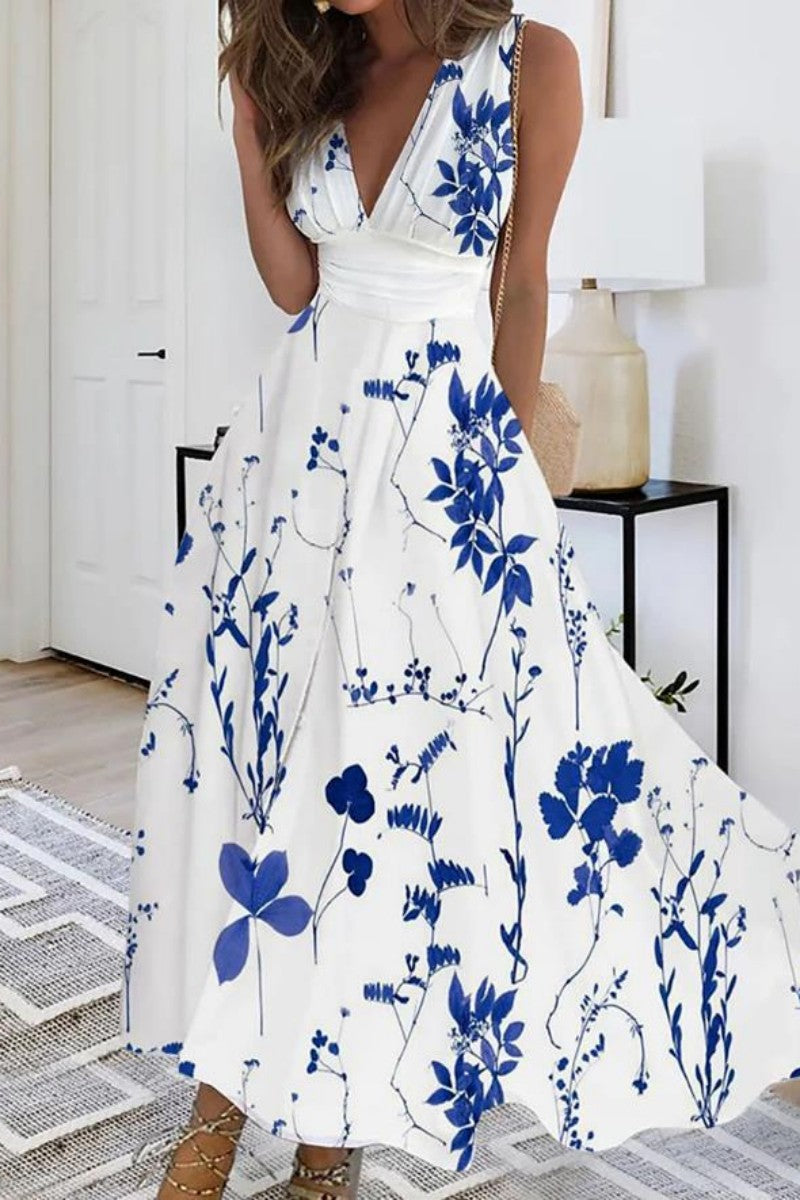 Casual Print Patchwork V Neck Sleeveless Dresses(4 Colors)