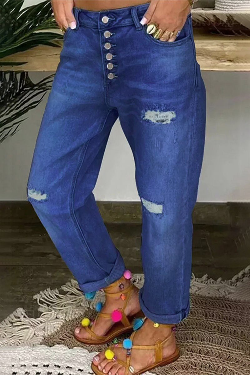 Vaqueros holgados de cintura baja con hebillas rasgadas y corte liso (4 colores)