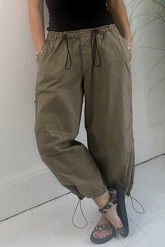 Pantalones casuales lisos con cordón, sueltos, de cintura media, rectos, de color liso