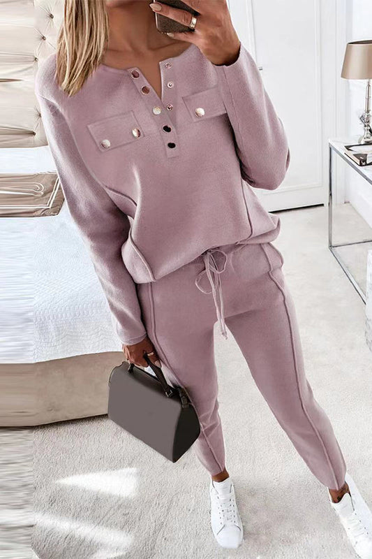 Casual Buckle Solid Color V Neck Long Sleeve Two Pieces(2 Colors)