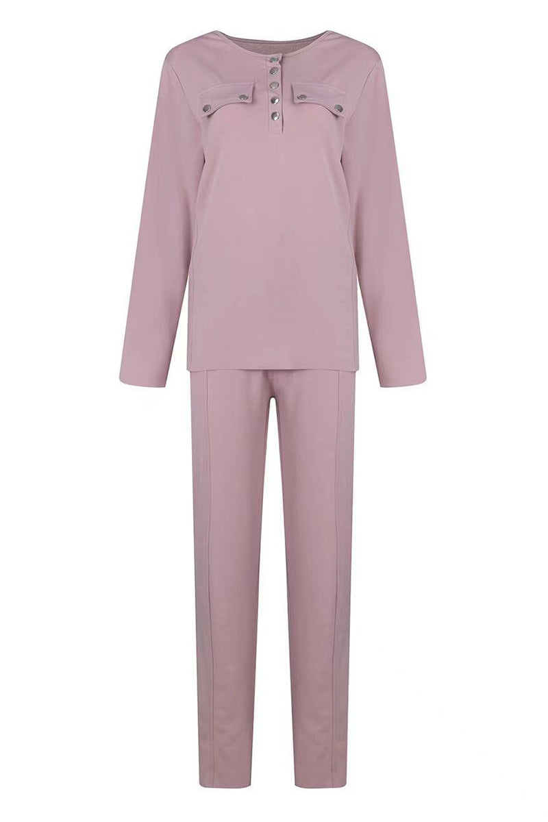 Casual Buckle Solid Color V Neck Long Sleeve Two Pieces(2 Colors)