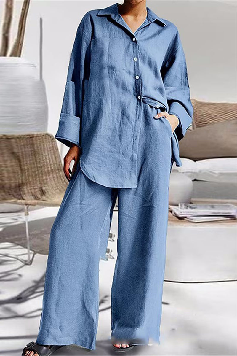 Conjunto informal sencillo de dos piezas con cuello vuelto, manga larga y bolsillos lisos (8 colores)
