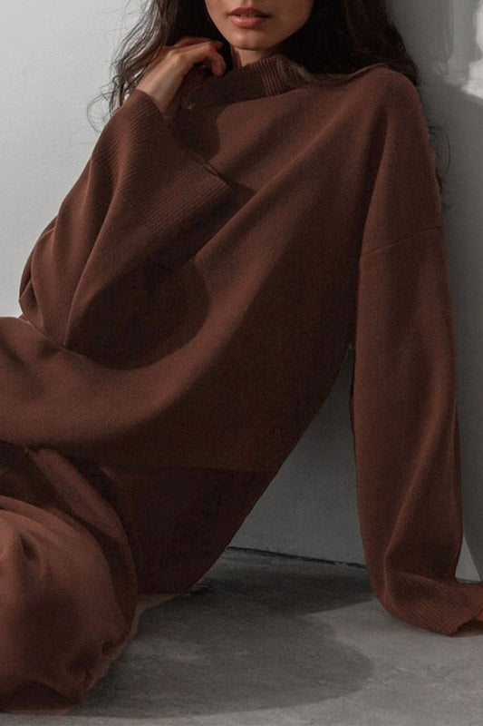 Conjunto casual de dos piezas de cuello alto asimétrico liso y manga larga