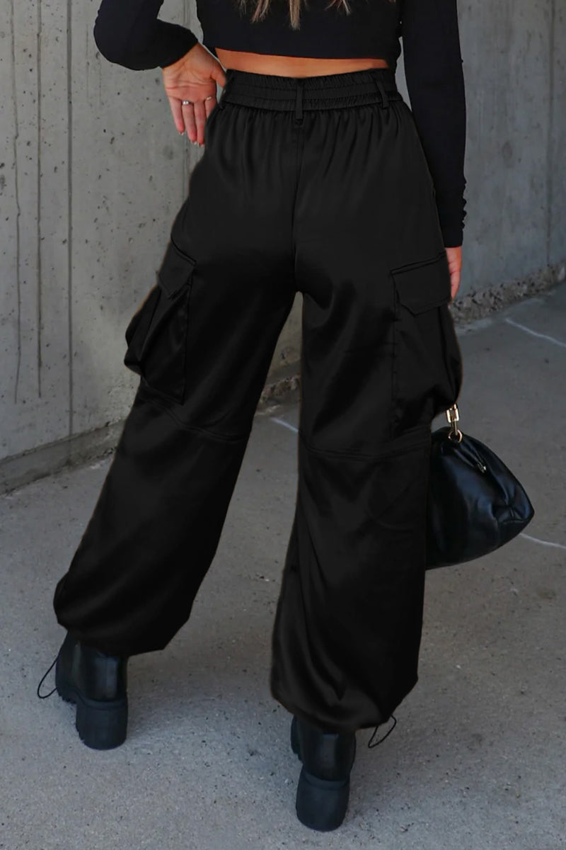 Pantalones casuales de color liso con cordón ajustable, bolsillos, sueltos, de cintura alta