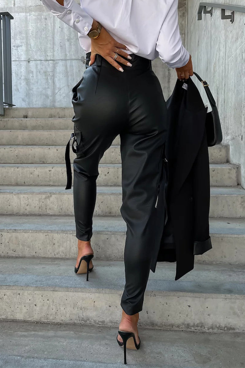 Pantalones casuales de color liso con bolsillos y cremallera, cintura alta, ajustados, de color liso