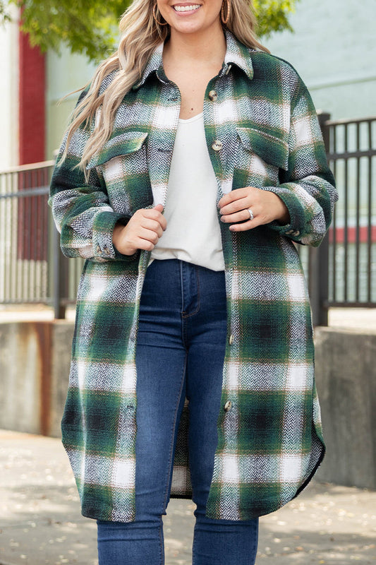 Casual Plaid Pocket Turndown Collar Outerwear