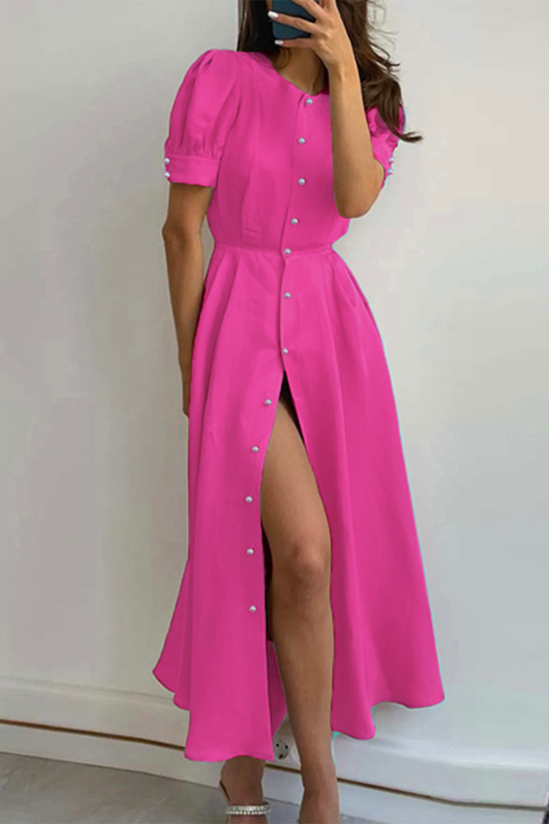 Vestidos elegantes de celebridades con hebilla sólida y cuello redondo (4 colores)