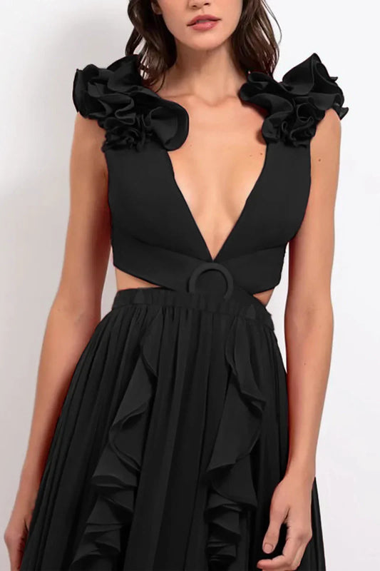 3D Floral Shoulder Detail Hollow Black Set