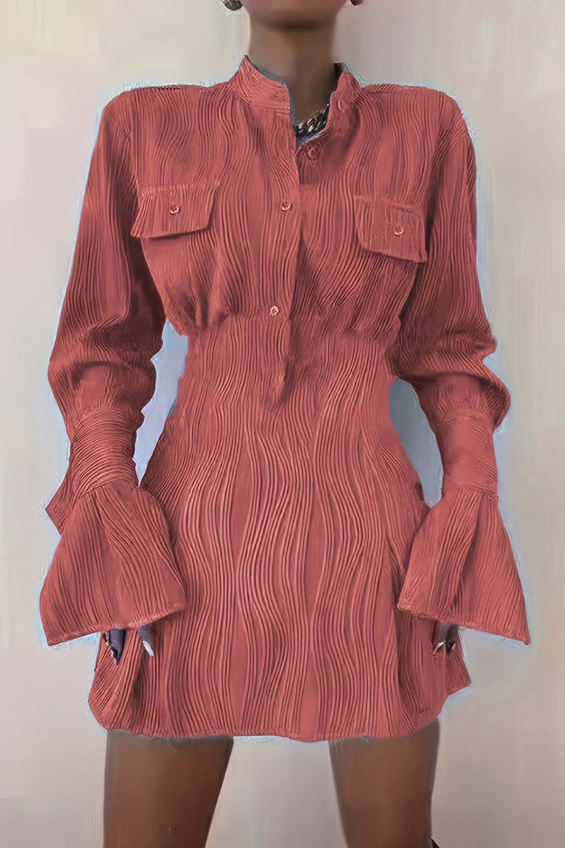 Elegant Solid Patchwork Pocket Buckle Mandarin Collar A Line Dresses