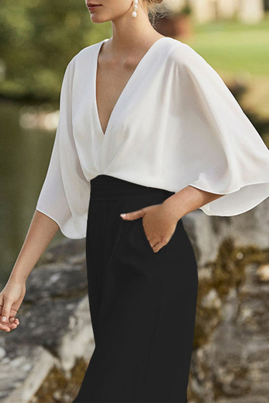 Mono holgado estilo británico elegante con cuello en V, bolsillos y contraste de bloques de color