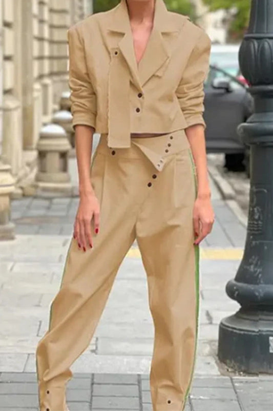 Conjunto informal de dos piezas con cuello vuelto, botones lisos, estilo británico (3 colores)