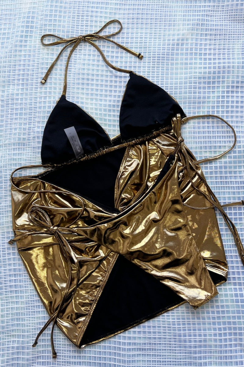 Traje de baño sexy de tres piezas con espalda descubierta y vendaje liso (con relleno)