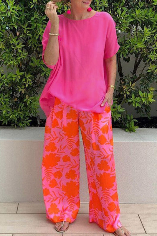 Conjunto informal vintage floral con bolsillo, cuello redondo, manga corta, dos piezas