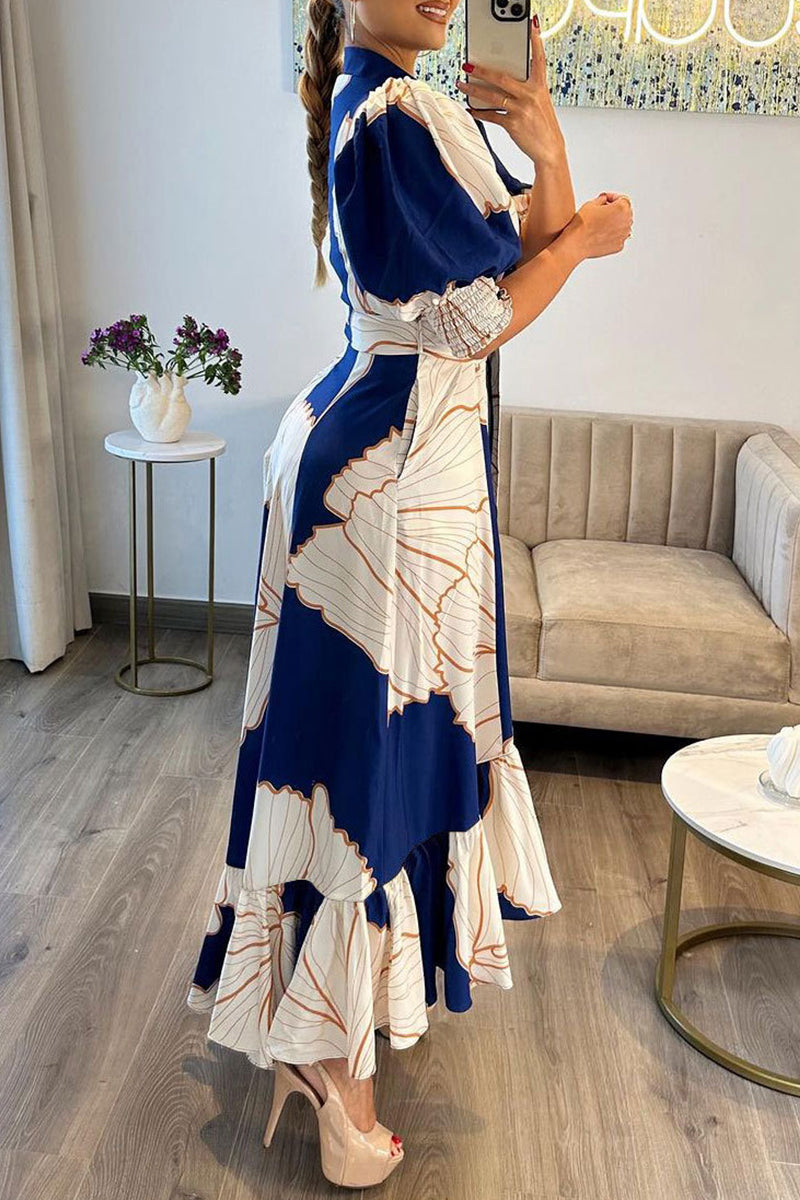 Vestido largo asimétrico con cuello vuelto y estampado informal