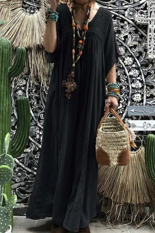 Vestidos casuales de encaje liso con escote en V y corte A (sin accesorios)