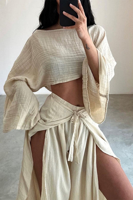 Casual Solid Frenulum Flounce Slit O Neck Long Sleeve Two Pieces