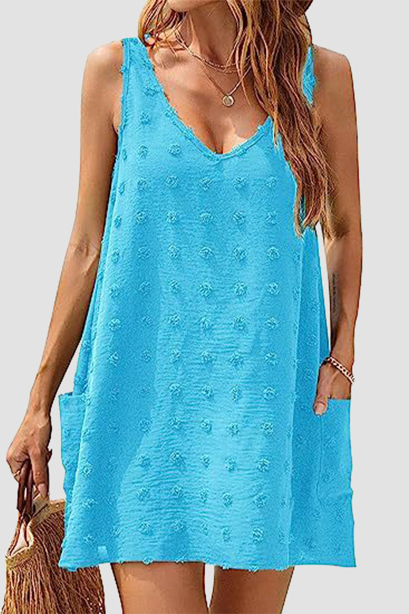 Vestidos playeros informales de vacaciones con cuello en V y bola de pelo y bolsillo de jacquard liso